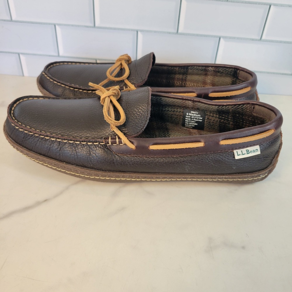 LL Bean Mens Handsewn Slippers Flannel-Lined Brown Leather Size 9